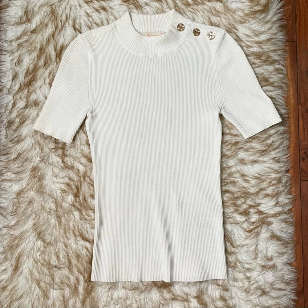 Tory Burch Logo Button ribbed short sleeve sweater - Picture 4 of 8